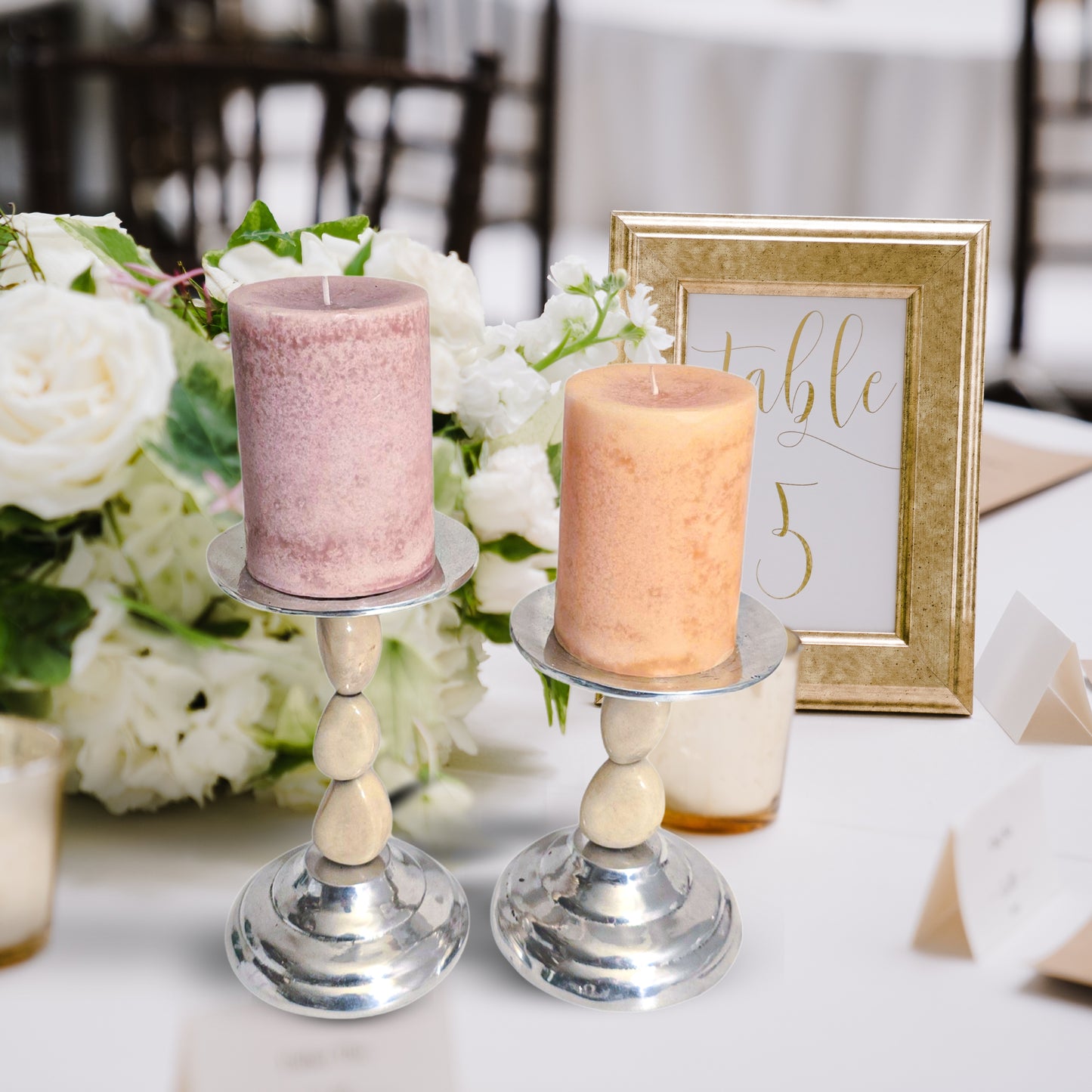 Set of 2 Mustard Pewter Candle Holders, Silver Candle holder