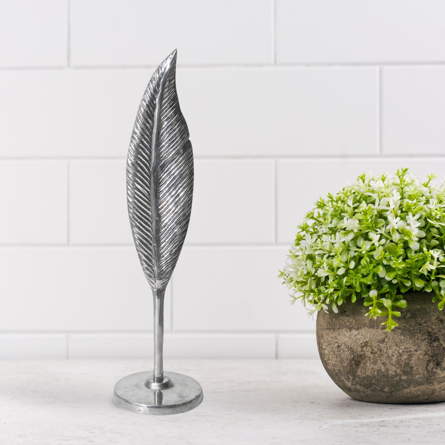Feather Sculpture – Elegant Pewter Silver-Like