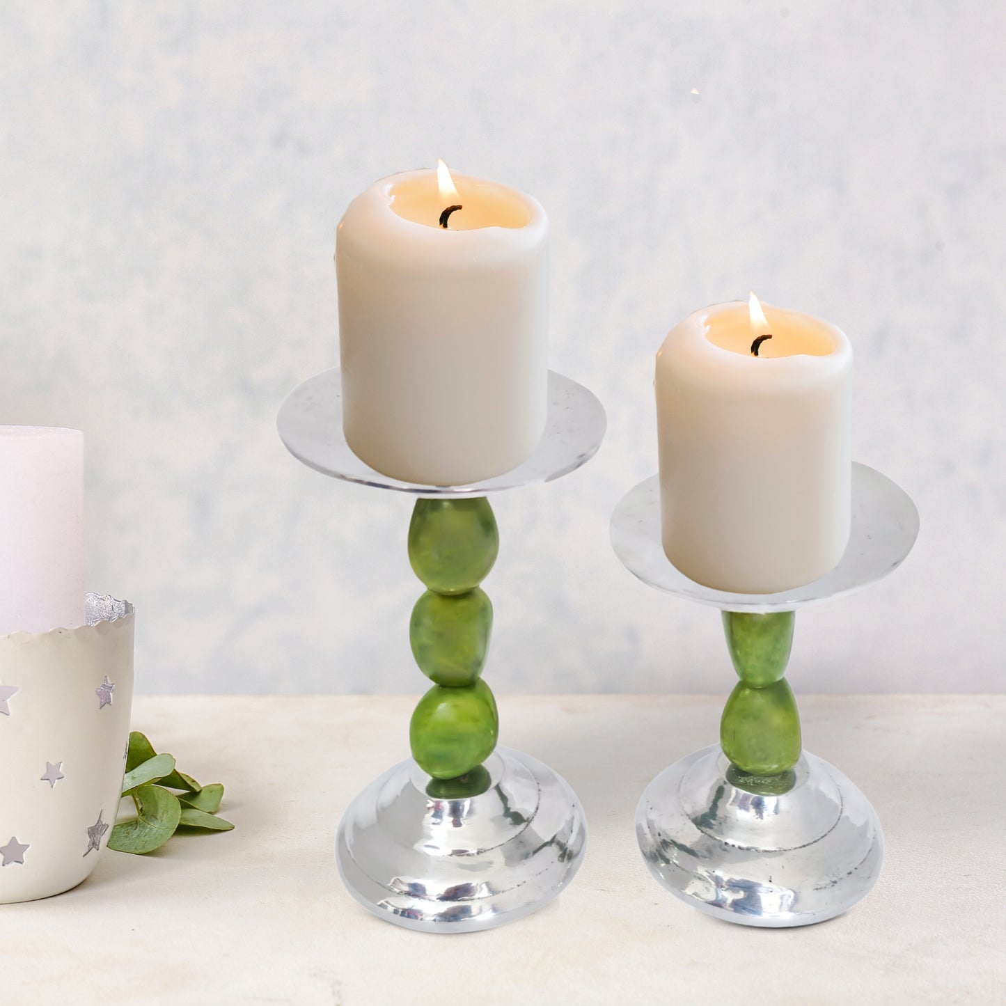 Set of 2 Mustard Pewter Candle Holders, Silver Candle holder