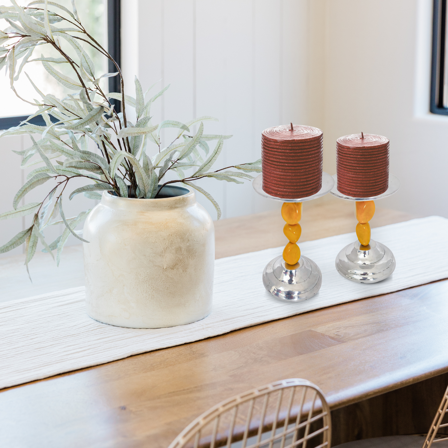 Set of 2 Mustard Pewter Candle Holders, Silver Candle holder