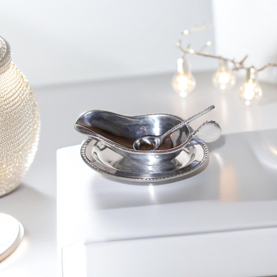 3 Pcs Serving Set – Bowl, Plate & Spoon, Silver like Set